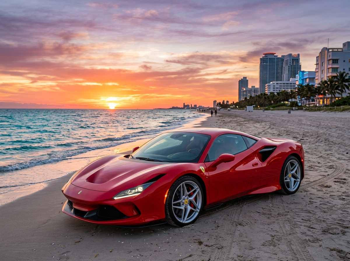 2024 Ferrari F8 Tributo red supercar parked on Miami Beach with sunset backdrop