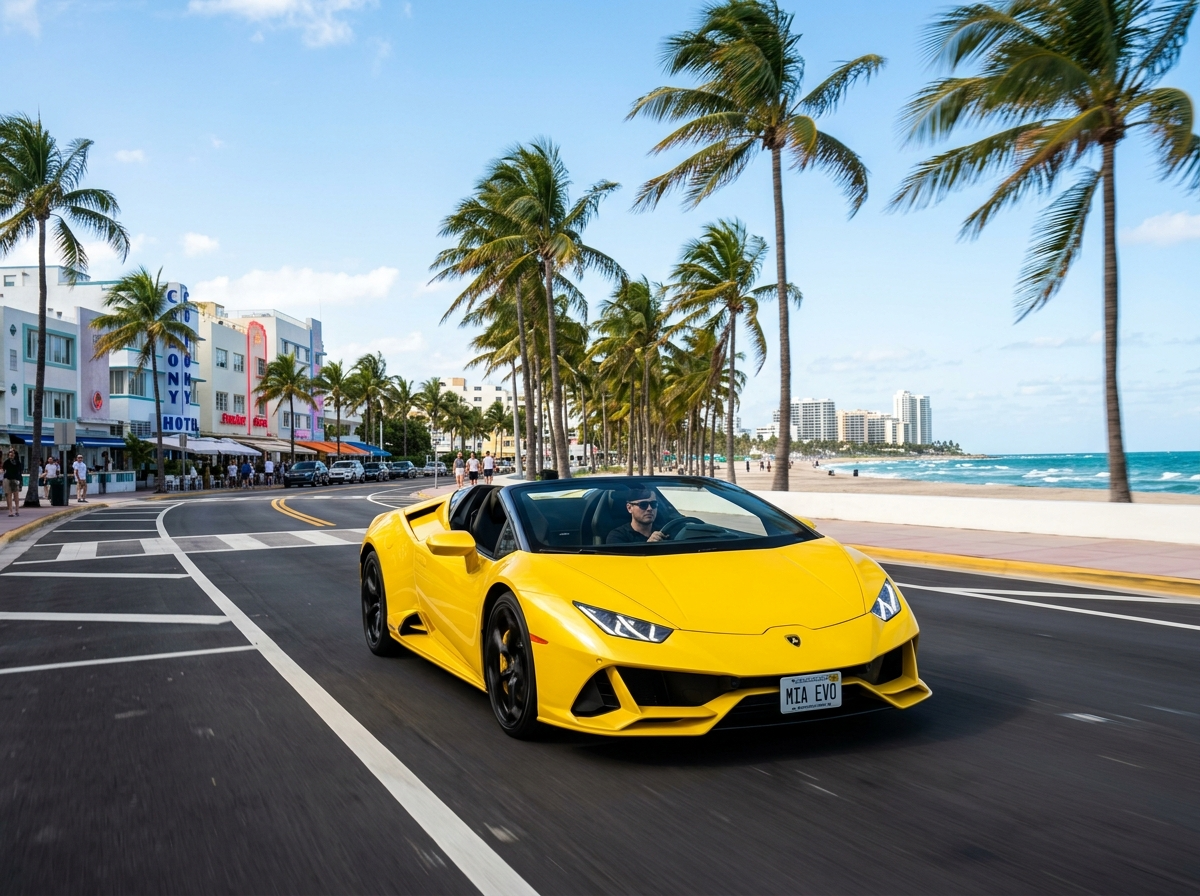 2023 Lamborghini Huracan EVO Spyder yellow convertible on Miami road with palm trees