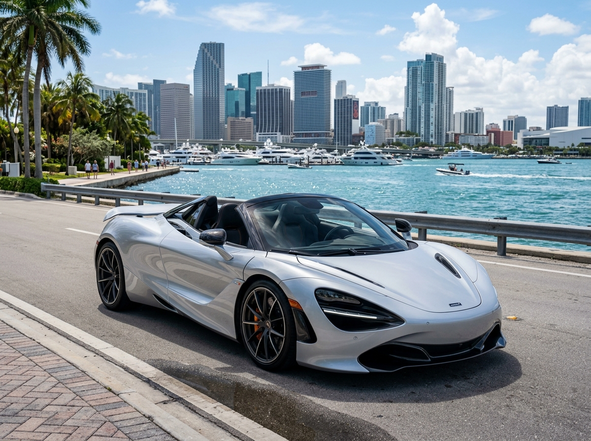 2022 McLaren 720S Spider silver convertible supercar on Miami waterfront