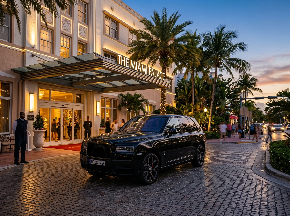 2022 Rolls-Royce Cullinan Black Badge luxury SUV in black parked in front of Miami hotel