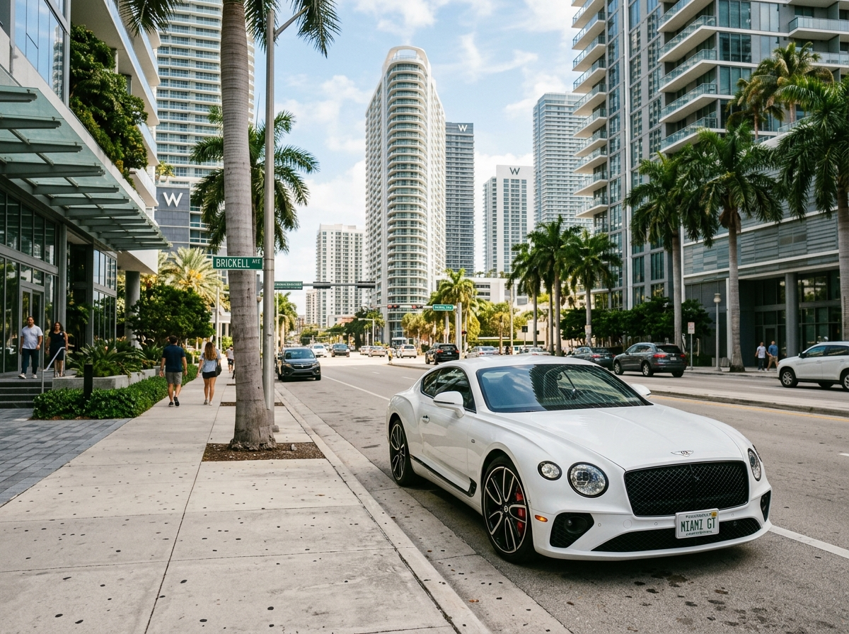 2023 Bentley Continental GT white grand tourer parked on Brickell Ave Miami