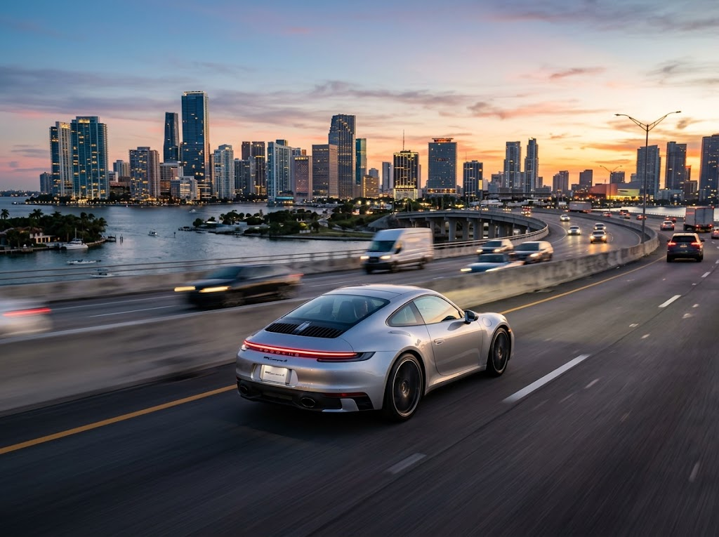 2026 Porsche 911 Carrera S silver sports car on Miami highway at dusk