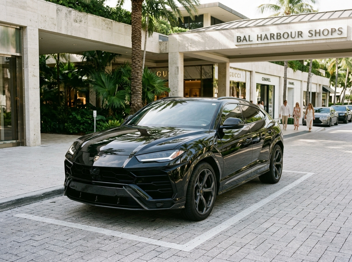 2025 Lamborghini Urus SE black luxury SUV parked at Bal Harbour Shops Miami