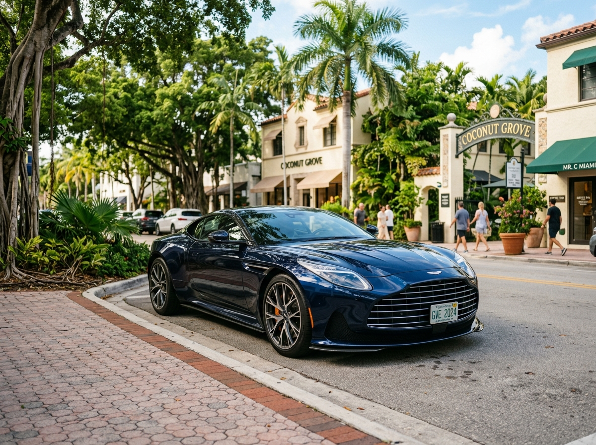 2024 Aston Martin DB12 coupe in midnight blue parked in Coconut Grove Miami