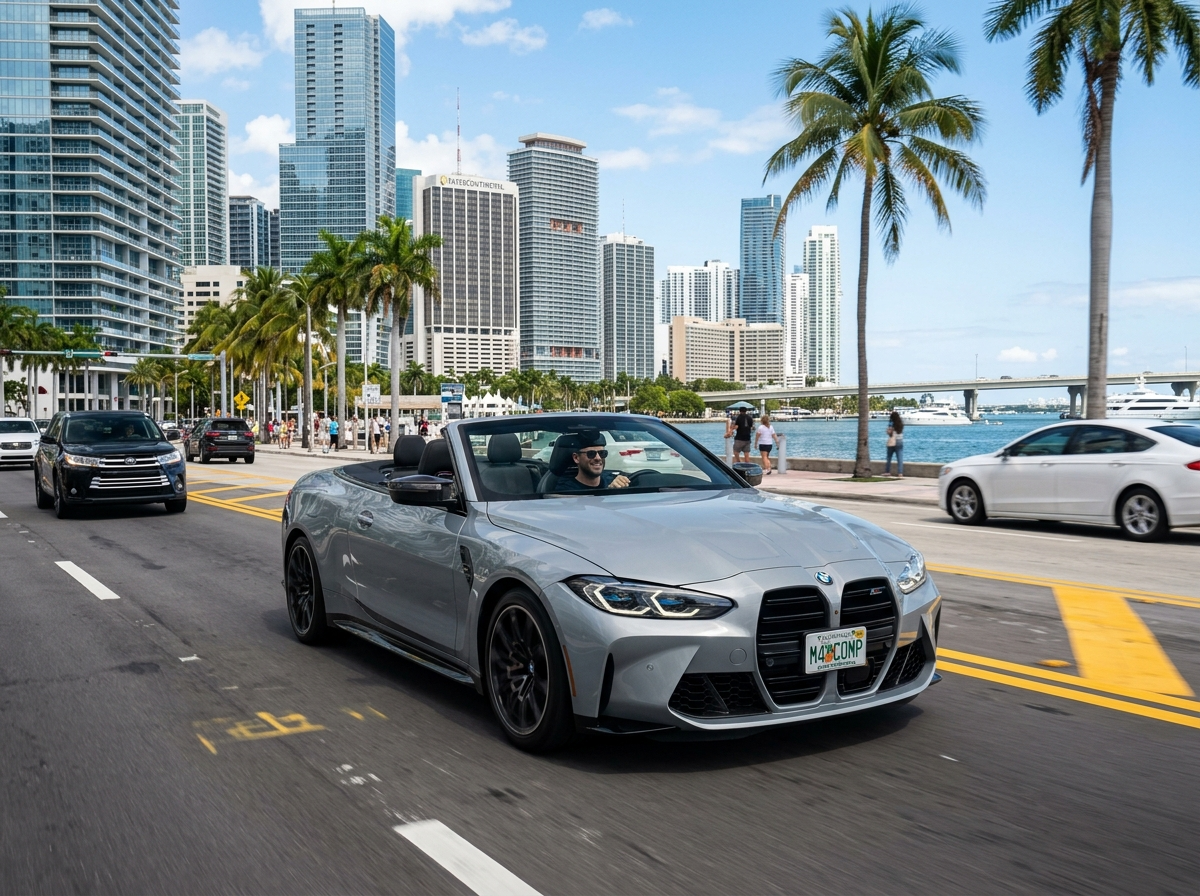 2024 BMW M4 Competition Convertible gray open-top sports car in downtown Miami
